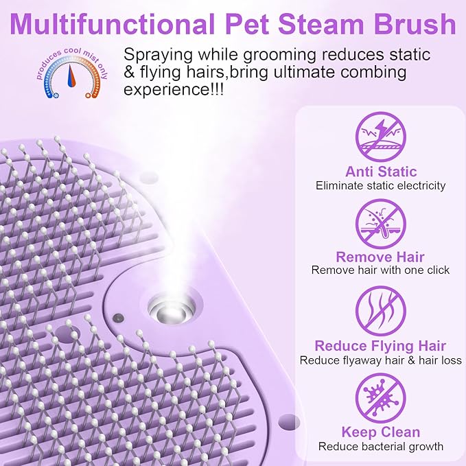 Dog Brush Cat Brush for Shedding, Pet Spray Steam Brush for Dogs Cats,Anti-Static Hair Removal Grooming Comb Long Short Haired Pets Barber Tool,purple