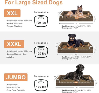Large Dog Bed Orthopedic Washable: Jumbo Dog Bed Bolster Extra Large Dogs Egg Crate Foam Sofa Couch Waterproof Removable Cover - Coffee