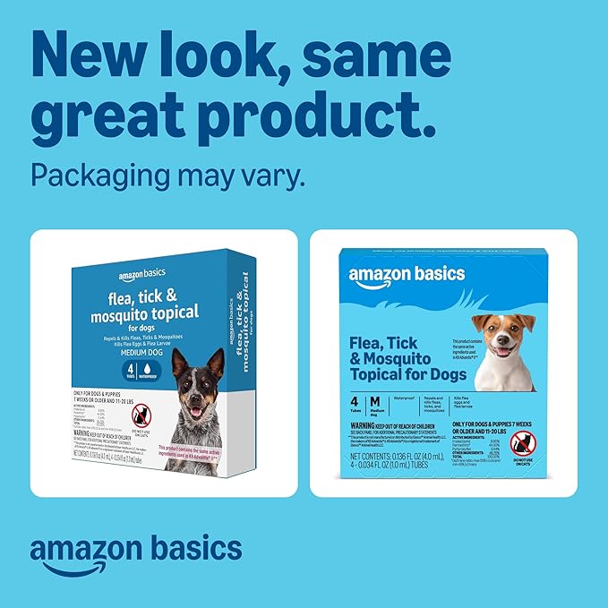 Amazon Basics Preventative Flea, Tick & Mosquito Topical Treatment for Medium Dogs (11-20 Pounds), 4 Count, Packaging May Vary