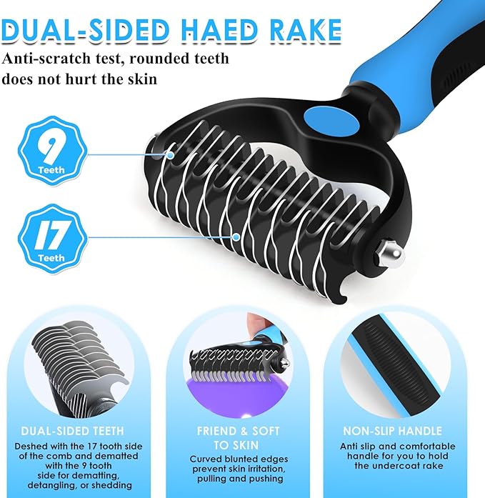Large Slicker Brush for Dogs – 3pc Grooming Kit with Undercoat Rake & Comb, Deshedding Pin Brush for Mats & Shedding on Long-Haired & Double-Coated Dogs, Cats, Poodles & Goldendoodle, Blue