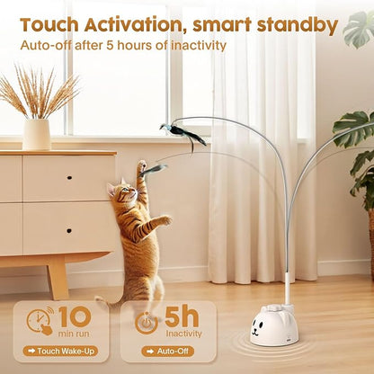 Interactive Cat Toys for Indoor Cats: Upgraded 360° Automatic Spin Flying Bird Feather Wand with Silicone Protected Rod Safe Play, Strong 8cm Suction Cup, USB-Rechargeable for Bored Kittens and Adult