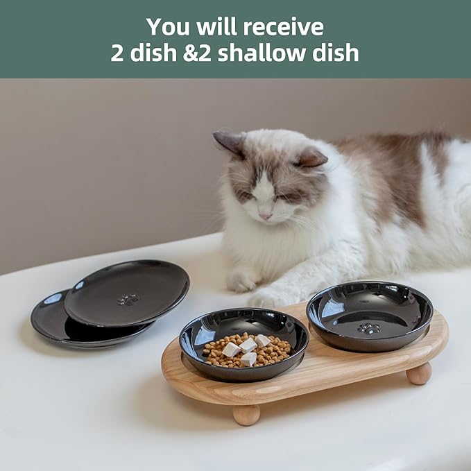 Havniva Raised Ceramic Cat Dishes, Food& Water Bowl with 2 Style Stand Adjustable Raised Pet Bowl Set, Anti Whisker Fatigue(2Dish+2Shallow Dish+Stand, Black