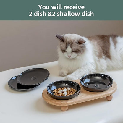 Havniva Raised Ceramic Cat Dishes, Food& Water Bowl with 2 Style Stand Adjustable Raised Pet Bowl Set, Anti Whisker Fatigue(2Dish+2Shallow Dish+Stand, Black