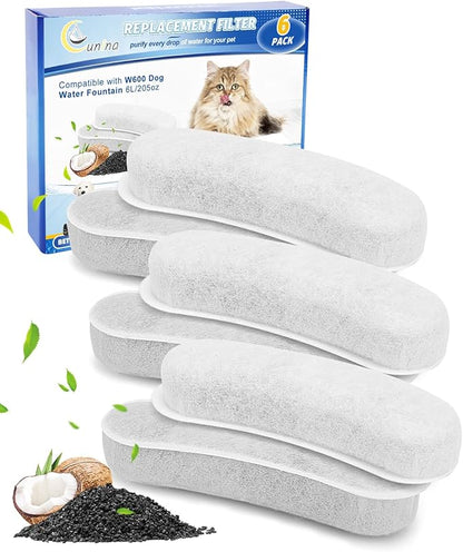 Cunina 6 Pack Charcoal Pet Water Fountain Filters for W600 Dog Water Bowl Dispenser, Compatible with W600 Model, Removes Odors, Heavy Metals, and Pet Hair