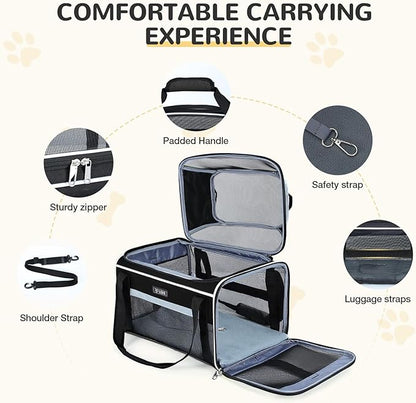 Lekereise Top-Expandable Pet Carrier 18x13x9.5 Inch Southwest Frontier Airline Approved Soft Sided Underseat to 15lbs Travel Carriers for Small Cats Dogs with Locking Safety Zippers Anti-Scratch Mesh