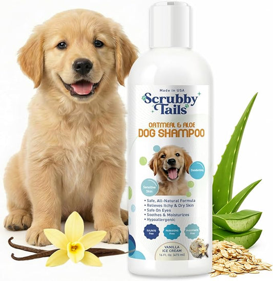Scrubby Tails Organic Dog Shampoo - Puppy Oatmeal Shampoo for Itchy Skin Relief - Hypoallergenic for Sensitive Skin, for Dogs of All Ages, Deodorizes, Tearless, Made in USA, 16oz (Vanilla Ice Cream)