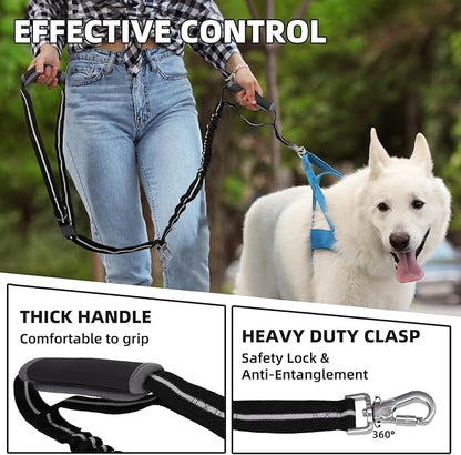 PUPTECK Heavy Duty Bungee Leash for Medium Large Dogs, No Pull Tactical Dog Leash with Double Handles for Training, Reflective with Car Seatbelt and Quick Release Buckle, Black