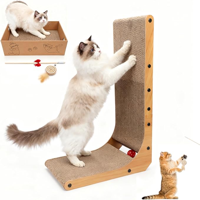 Goosheep L-Shaped Cat Scratcher 2-in1 Scratching Board for Indoor Cats Protecting Furniture Cardboard Box Scratch Pad with Ball Toy Cats Scratching Posts with Cat Teaser
