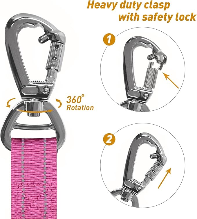 AUBELL Tactical Dog Leash Heavy Duty,4-6ft Reflective Strong No Pull Bungee Leash for Medium Large Dogs with Comfortable Padded Double Handle,Car Seat Belt,360 Degree Rotating Carabiner,Pink
