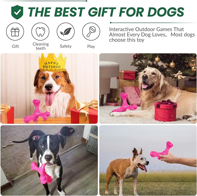 CVALIN Dog Chew Toys for Aggressive Chewers Large Breed,Indestructible Bones Toy，Durable Cleaning Toothbrush Natural Rubber Dog Toys… (Pink)