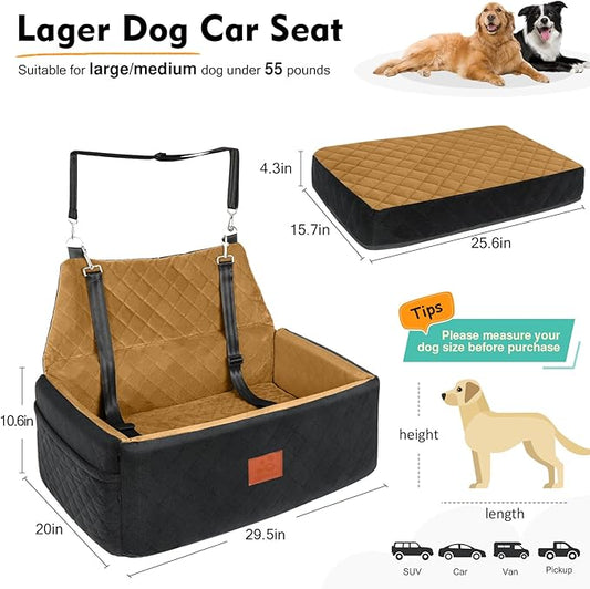 NEEZUKAR Dog Car Seat for Large Medium Dogs,Washable Pet Car Seat Under 55 lbs or 2 Small Dogs,Dog Booster Seat with Thick Cushion,2 Safety Leashes Travel Car Dog Bed