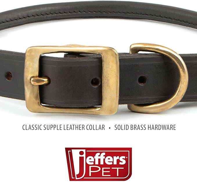 Jeffers Rolled Leather Dog Collar with Brass Hardware, Chestnut Brown - Safe Leather Design, Durable Brass Hardware, Adjustable Round Collar for Long Fur Dogs, Pairs with Leash, 3/4" W x 17" L