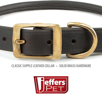 Jeffers Rolled Leather Dog Collar with Brass Hardware, Chestnut Brown - Safe Leather Design, Durable Brass Hardware, Adjustable Round Collar for Long Fur Dogs, Pairs with Leash, 3/4" W x 17" L