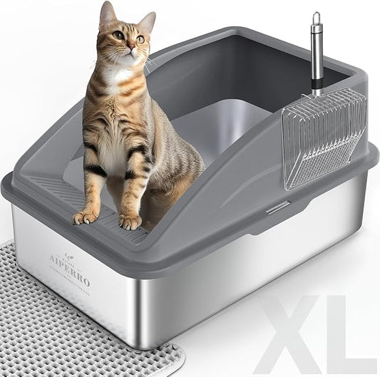 Stainless Steel Litter Box | XL Enclosed Cat Litter Boxs with Lid for Big Cats | High Sided, Anti-Urine Leakage | Non-Stick Bottom & Includes Litter Mat & Metal Scoop (Dark Gray)