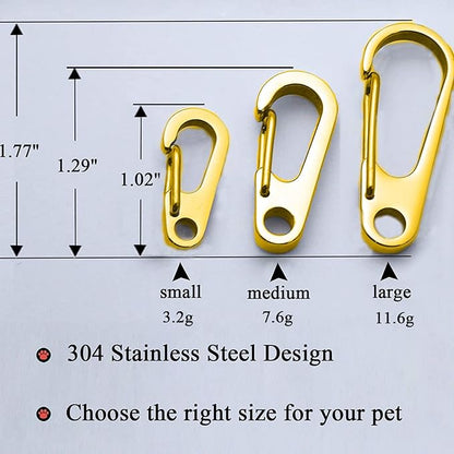 Dog Tag Clips / 2 Pack/Multiple Size 304 Stainless Steel Quick Clip with Rings/Easy Change Dog Cat ID Tag Holder for Small pet Collars and Harnesses.(2 Small Gold)