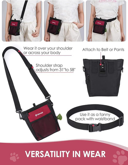 Gobeigo Dog Treat Pouch with Silicone Snack Bag, Front Pocket fits All Phones, 4 Cup Treat Bag with Training Clicker, Upgrade Stronger Magnetic Closure, 3 Ways to Wear Walking Fanny Pack (Red)