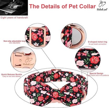Floral Dog Collar with Bow Tie - Rose Red Wild Flowers Pattern Bowtie Puppy Collar, Adjustable Winter Heavy Duty Dog Collars for Small Medium Large Dogs S