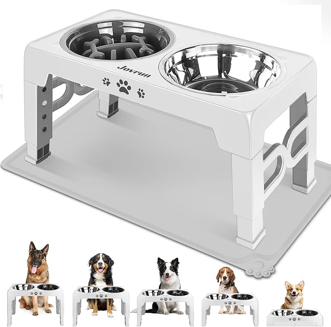 Elevated Dog Bowls, Dog Feeder with 1*Stainless Steel Dishes & 1*Slow Feeder Bowl, 5 Heights Adjustable Raised Stand for Medium Large, Food Dishes with Non-Slip Feet