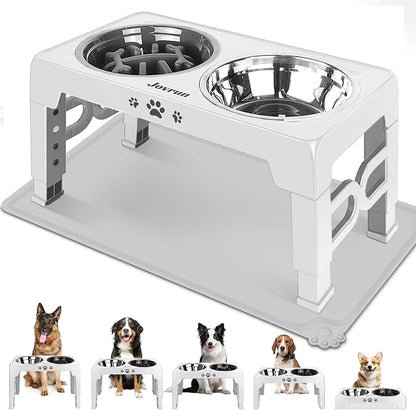 Elevated Dog Bowls, Dog Feeder with 1*Stainless Steel Dishes & 1*Slow Feeder Bowl, 5 Heights Adjustable Raised Stand for Medium Large, Food Dishes with Non-Slip Feet