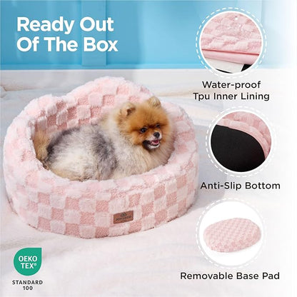 Joydeco Cloud Dog Bed for Small Dogs & Cats, Washable Pet Bed with Orthopedic Foam and Removable Checkered Plush Pad, Non-Slip Bottom for Indoor Puppies and Kittens, 27x24 Inch, Pink