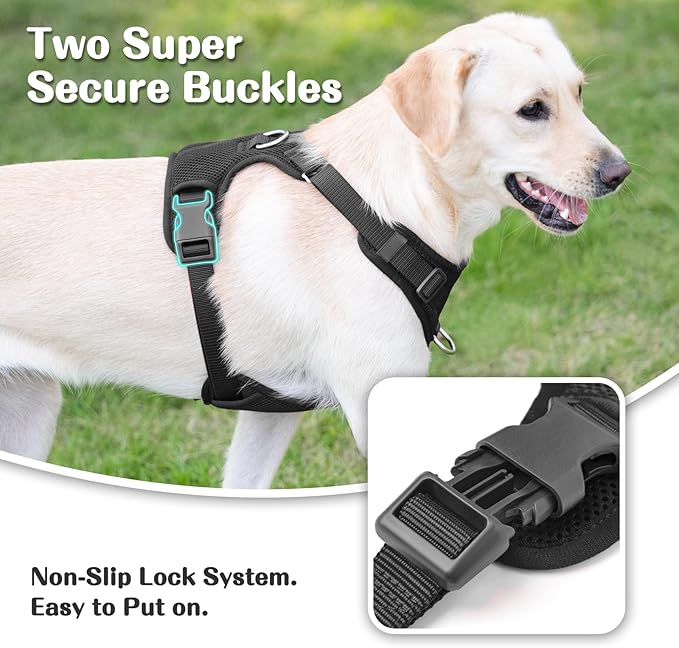 No Pull Dog Harness for Small Medium Large Dogs - Adjustable 2 Layer Mesh Dog Vest with Dual Clip, Escape Proof, Quick Release, Lightweight Breathable Mesh for Walking Hiking (Black,XL)