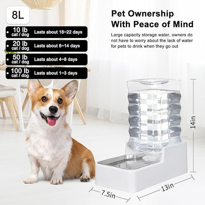 Sfozstra Automatic Dog Water Dispenser: 8L Large Gravity White Waterer with Stainless Steel Bowl - 100% BPA-Free - Suitable for Pet Owners Garden/Apartment
