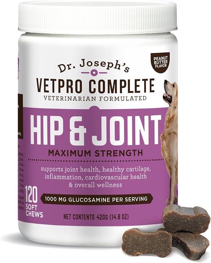 Dr. Joseph's VetPro Complete Dog Hip & Joint Supplement for Arthritis Pain Relief – High-Strength Glucosamine & Chondroitin Chews for Senior Dogs – Vet Formulated, Peanut Butter Flavor, 120 Ct
