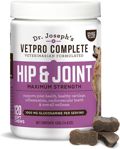 Dr. Joseph's VetPro Complete Dog Hip & Joint Supplement for Arthritis Pain Relief – High-Strength Glucosamine & Chondroitin Chews for Senior Dogs – Vet Formulated, Peanut Butter Flavor, 120 Ct
