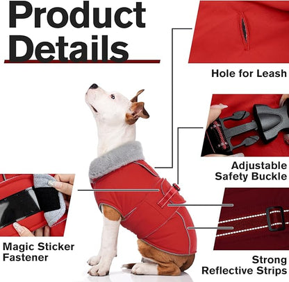 Lelepet Warm Dog Coat Waterproof Dog Jacket Reflective Fleece Vest with Adjustable Buckle Hook & Loop, Windproof Winter Jacket Dogs Coats for Small Medium Large Dogs, Red, XXXL