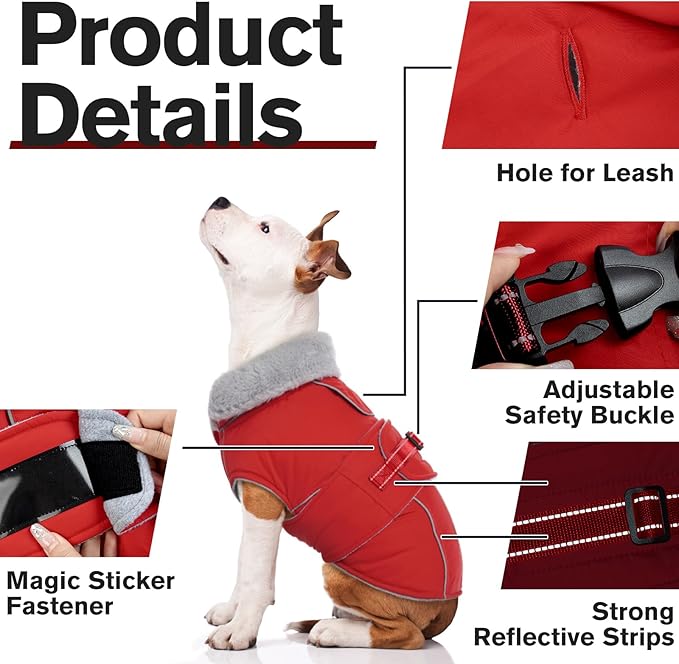 Lelepet Warm Dog Coat - Reflective Waterproof Fleece Vest with Adjustable Buckle Hook & Loop, Windproof Winter Jacket Dog Coats for Small Medium Large Dogs, Red, XXL