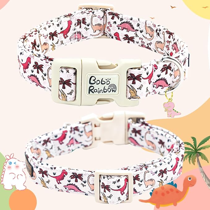 Dog Collar-Pink Dinosaur Print Adjustable Pet Collars Cute Soft Comfortable Cotton Puppy Collar Durable Gift for Small Dogs