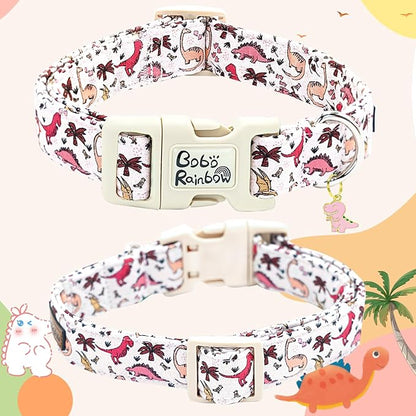 Dog Collar-Pink Dinosaur Print Adjustable Pet Collars Cute Soft Comfortable Cotton Puppy Collar Durable Gift for Small Dogs