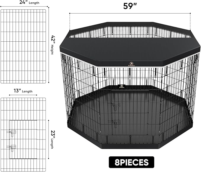 PJYuCien Dog Playpen - 8 Panels 42 inchH Metal Foldable Exercise Pen, Pet Fence Puppy Crate Kennel Indoor Outdoor with Top Cover & Bottom Pad for Medium Large Pets Black…