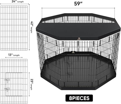 PJYuCien Dog Playpen - 8 Panels 42 inchH Metal Foldable Exercise Pen, Pet Fence Puppy Crate Kennel Indoor Outdoor with Top Cover & Bottom Pad for Medium Large Pets Black…