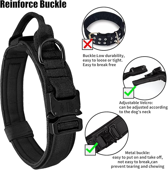 Tactical Dog Collar - Military Dog Collar, Adjustable Heavy Duty Metal Buckle Nylon Collar with Control Handle for Small Medium Large Dogs (Black, M)