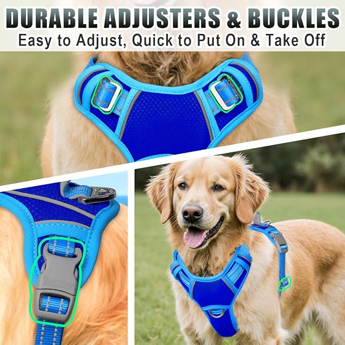 BARKBAY No Pull Dog Harness Large Reflective Dog Harness with Front Clip and Easy Control Handle for Walking Training Running with ID tag Pocket(Sapphire Blue & Blue,M)
