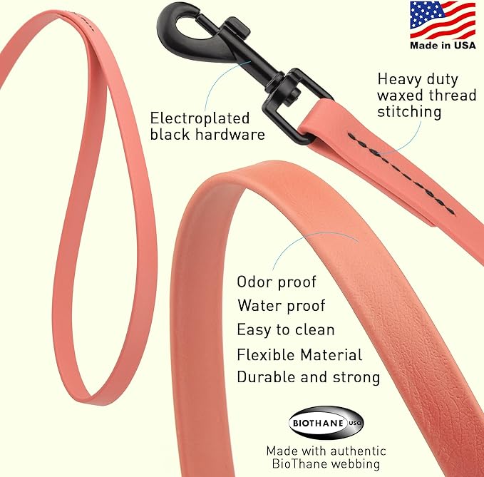 Dogline Biothane Waterproof Dog Leash Strong Coated Nylon Webbing with Black Hardware Odor-Proof Easy to Clean High Performance for Small or Large Dogs Made in USA 2 ft Lead, Coral