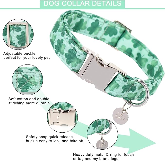 St. Patrick's Dog Collar, Cotton St. Patricks Clover Collar for Puppy Girl Boy Dog or Cat, Lucky Shamrock Dog Collar with Metal Buckle, Green, Spring, S