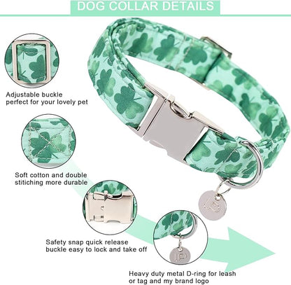 St. Patrick's Dog Collar, Cotton St. Patricks Clover Collar for Puppy Girl Boy Dog or Cat, Lucky Shamrock Dog Collar with Metal Buckle, Green, Spring, S