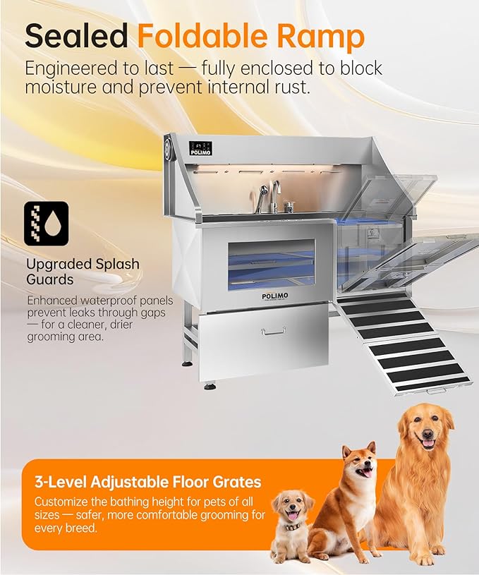 POLIMO Dog Wash Station with Pet Dryer & LED, Professional Dog Bathing Station for Large, Medium & Small Dogs – with Window, Ramp, Drawer, Floor Grate, LED Display & Faucet (Right Ramp & Dryer, 50")