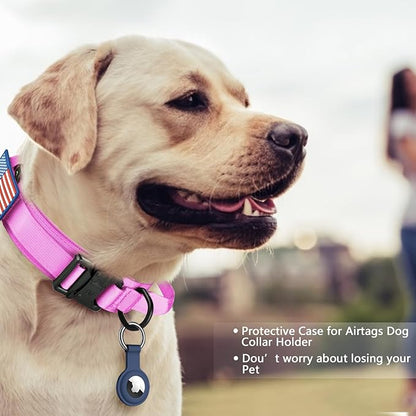 DAGANXI Tactical Dog Collar, Adjustable Military Training Nylon Dog Collar with Control Handle and Heavy Metal Buckle for Medium and Large Dogs, with Patches and Airtags Case (L, Pink)
