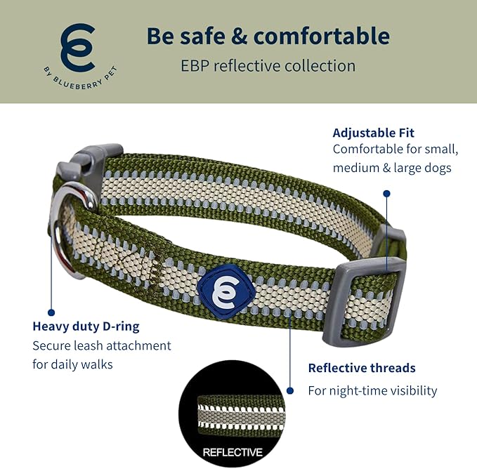 Blueberry Pet Essentials Matching Large Dog Collar | Adjustable Classic Solid Color Nylon Dog Collars for Large Dogs | Reflective Dark Olive Dog Collar for Large Dogs