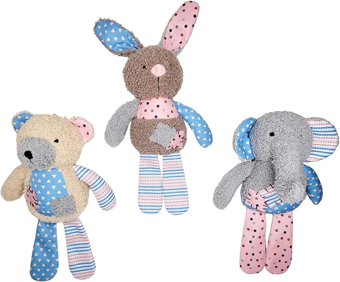 Colorful Patches Set - Bear, Bunny, Elephant, Squeaky Plush Dog Toys, All Bread Sizes, Toys, 3-Pack