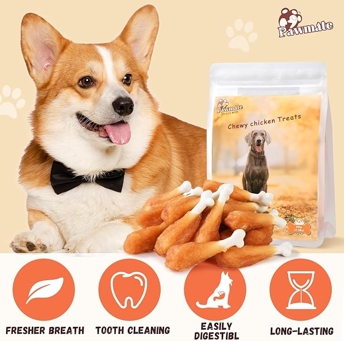 Pawmate Dog Treats Chicken Wrapped Calcium Bone, Rawhide-Free Grain-Free Training Treats for Dogs Teeth Cleanning Breath Fresh Dog Chewy Snacks for Medium Large Dogs 10.6 oz, 18-19 Counts