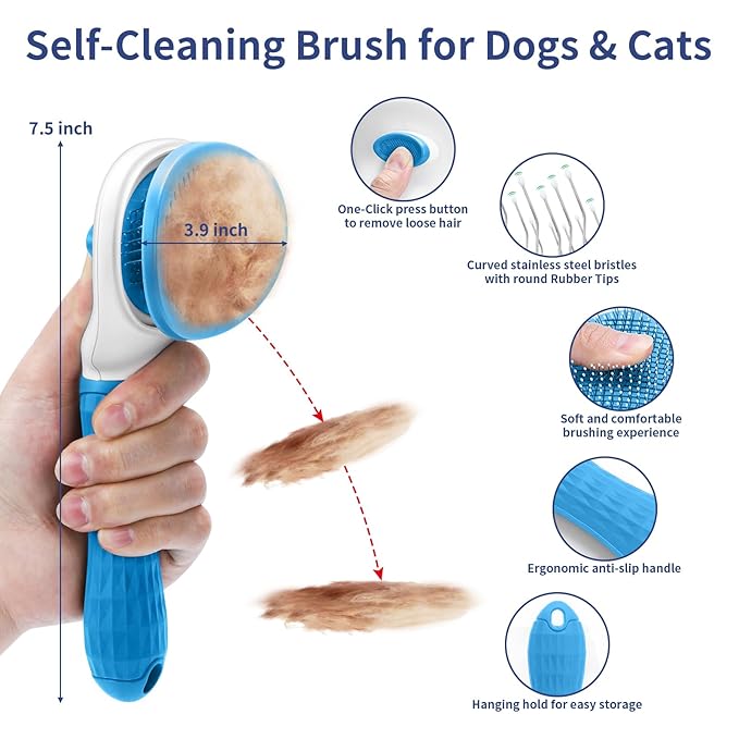 WOPQAEM Dog Brush Grooming Kit 5 PCS - Self Cleaning Slicker Brush for Shedding Short Long Haired Dogs & Cats, Includes Pet Comb, Flea Comb, Bath Brush, Undercoat Rake - Complete Fur Care Set - Blue