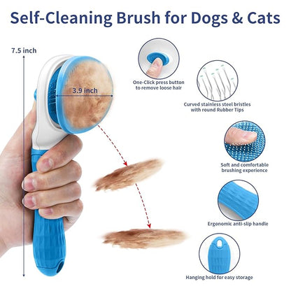 WOPQAEM Dog Brush Grooming Kit 5 PCS - Self Cleaning Slicker Brush for Shedding Short Long Haired Dogs & Cats, Includes Pet Comb, Flea Comb, Bath Brush, Undercoat Rake - Complete Fur Care Set - Blue