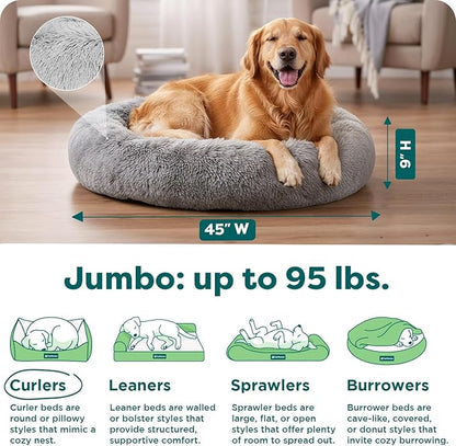 FurHaven 45" Calming Donut Dog Bed for Large Dogs, Round Plush Donut with Soft Filling for Snuggling Comfort, Removable Washable Cover, Jumbo XL, Shaggy Faux Fur, Mist Gray