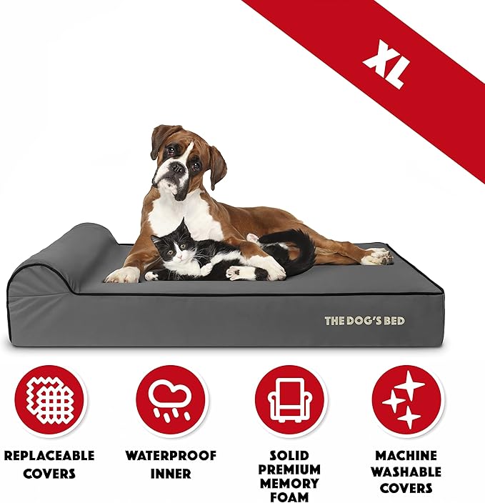 The Dog’s Bed Orthopedic Headrest Dog Bed XL Grey/Black, Memory Foam, Pain Relief for Arthritis, Hip & Elbow Dysplasia, Post Surgery, Lameness, Waterproof Washable Cover, Veterinary Approved