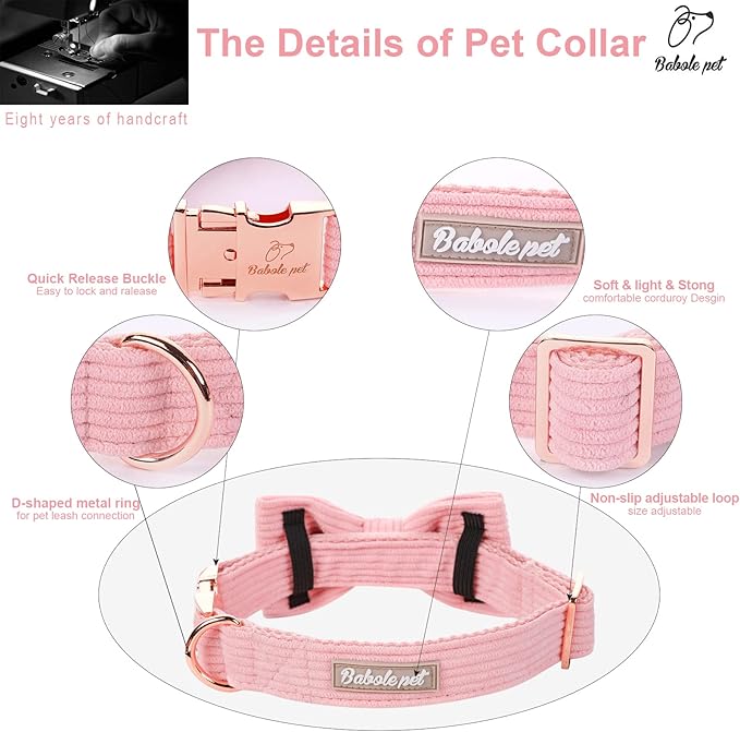 Pink Dog Collars for Large Dog,Cute Corduroy Dog Collar with Bow Tie Safety Metal Buckle Adjustable Puppy Collars for Small Medium Large Boy&Girl Dogs,L-Neck 16"-24"