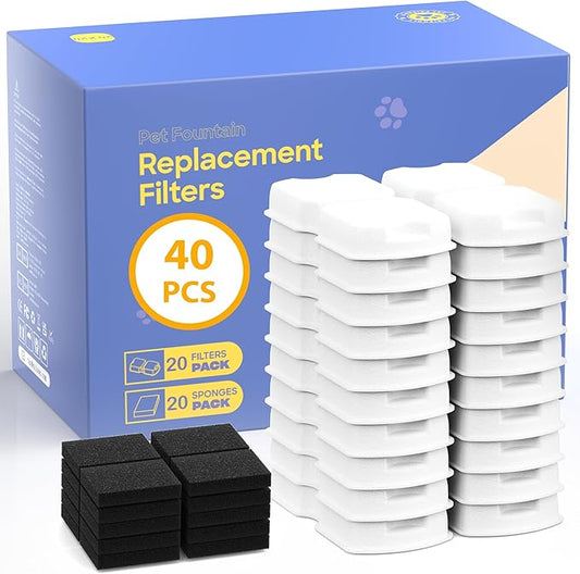 GIOTOHUN Filters for Cat Water Fountain: 40 Cat Water Fountains Filter - 20 Carbon Filters & 20 Foam Filters - Suitable for GIOTOHUN Stainless Steel Cat Fountain S11